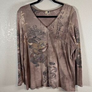 One World Y2K Sammy Nip Asian Warrior Printed Top Rhinestone Accents Size 2X